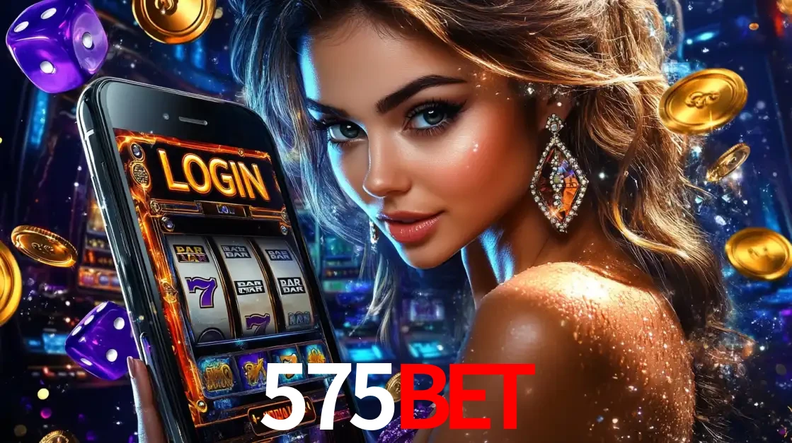 Mulher glamorosa segurando um smartphone com a tela de login para os jogos de caça-níqueis do cassino online 575bet, com moedas de ouro e dados ao redor.